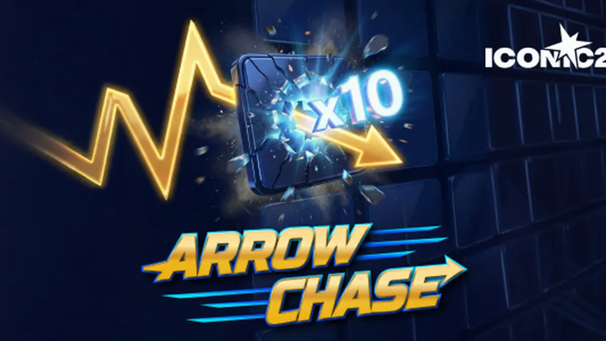 Isang makulay na grid ng Arrow Chase na may arrow na tumatama sa mga multiplier blocks.