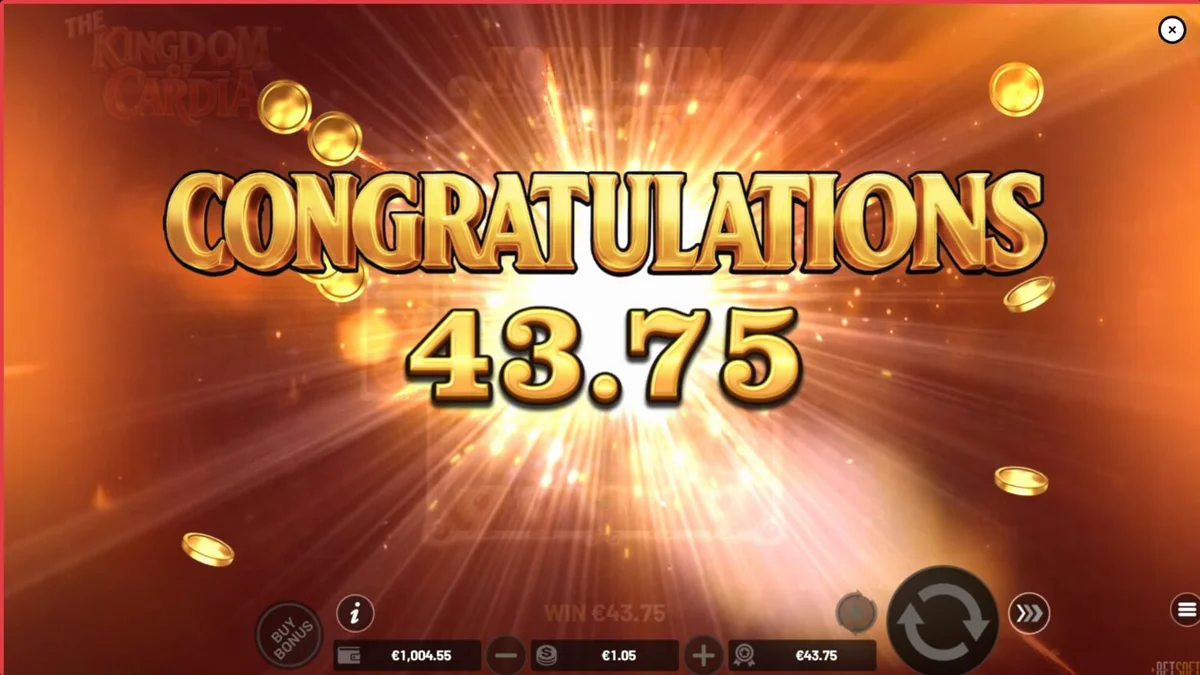 The Kingdom of Cardia slot game interface showing fantasy garden theme