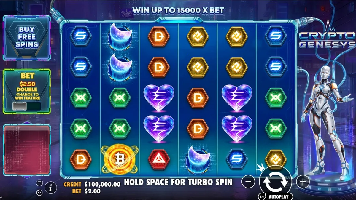 Isang futuristic na cyberpunk slot machine na may mga crypto-themed symbols at neon aesthetics.