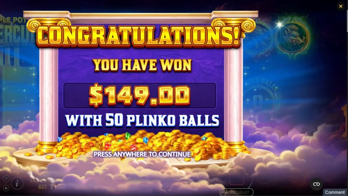 Triple Pot Plinko – Hercules slot game screen na nagpapakita ng mga makukulay na kaldero at pyramid ng Plinko